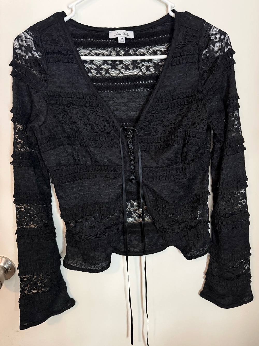 Black Lace Tie-Front Long Sleeve Top Size Medium
